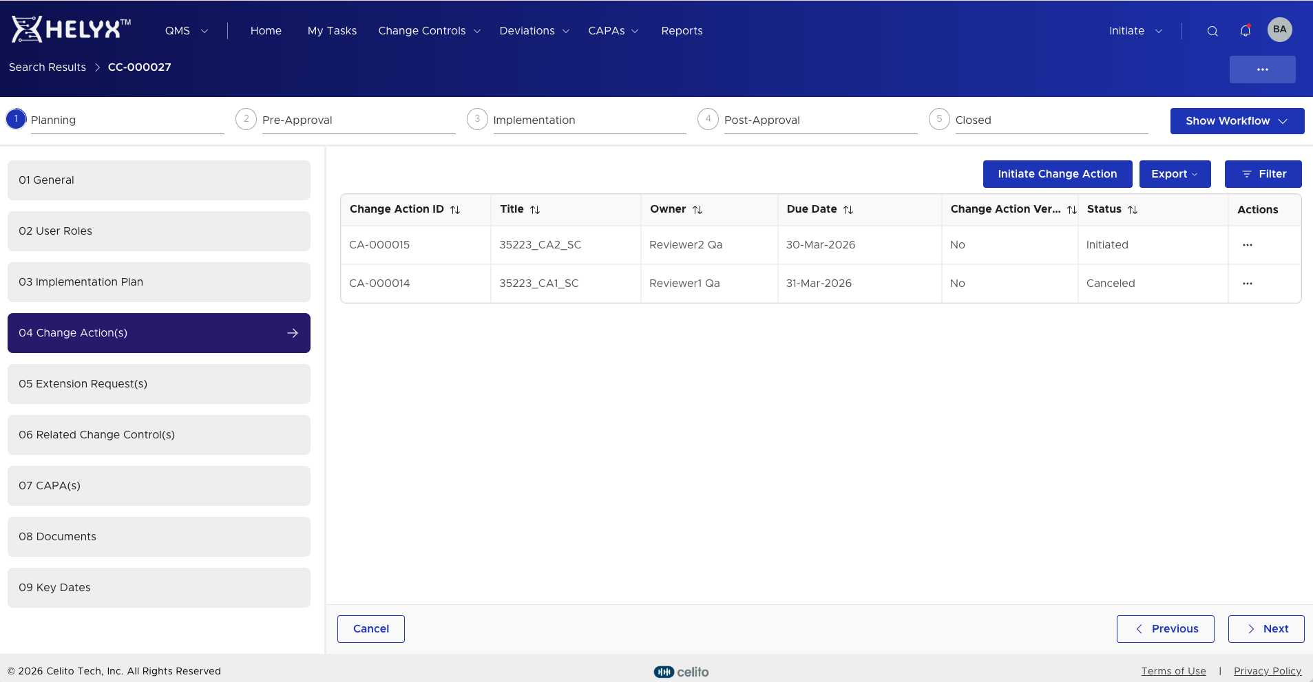 Change control implementation planning